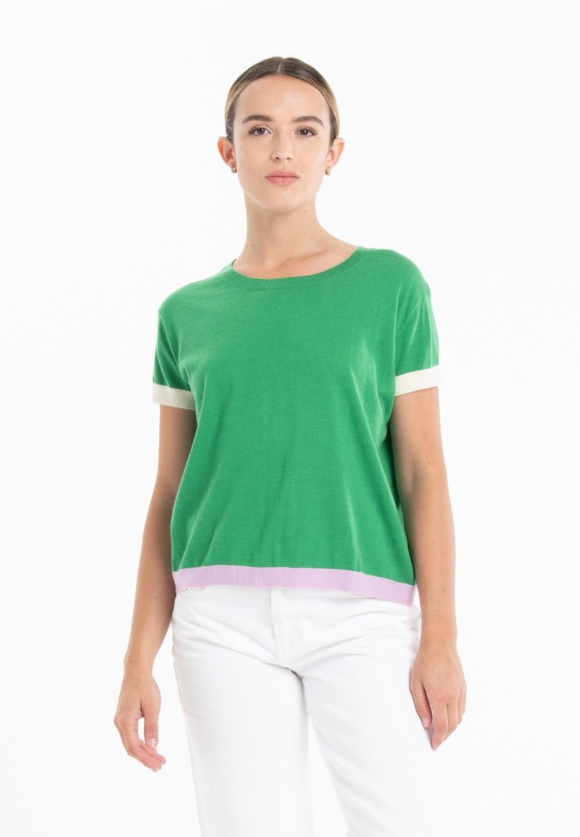T-shirt col rond tricolore ultrafin cachemire et laine vert/lavande/blanc femme - KELLY 8