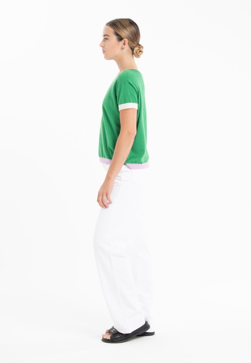 T-shirt col rond tricolore ultrafin cachemire et laine vert/lavande/blanc femme - KELLY 8