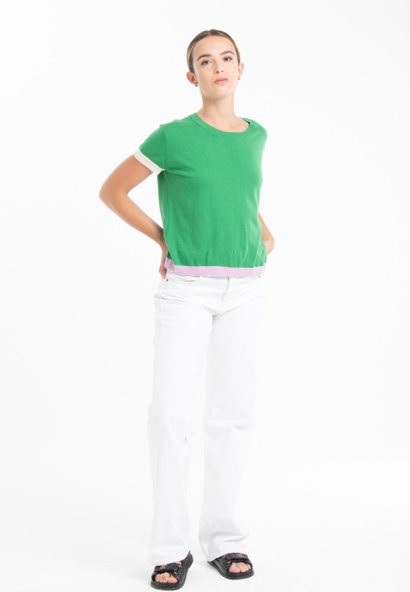 T-shirt col rond tricolore ultrafin cachemire et laine vert/lavande/blanc femme - KELLY 8